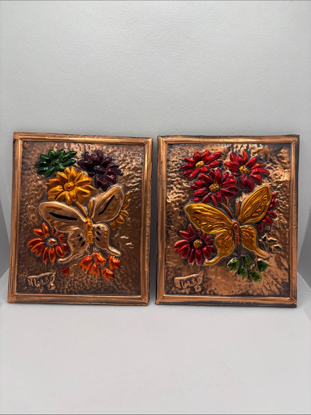VTG Small Copper Butterfly Wall Plaques with Colorful Floral Accents Handmade